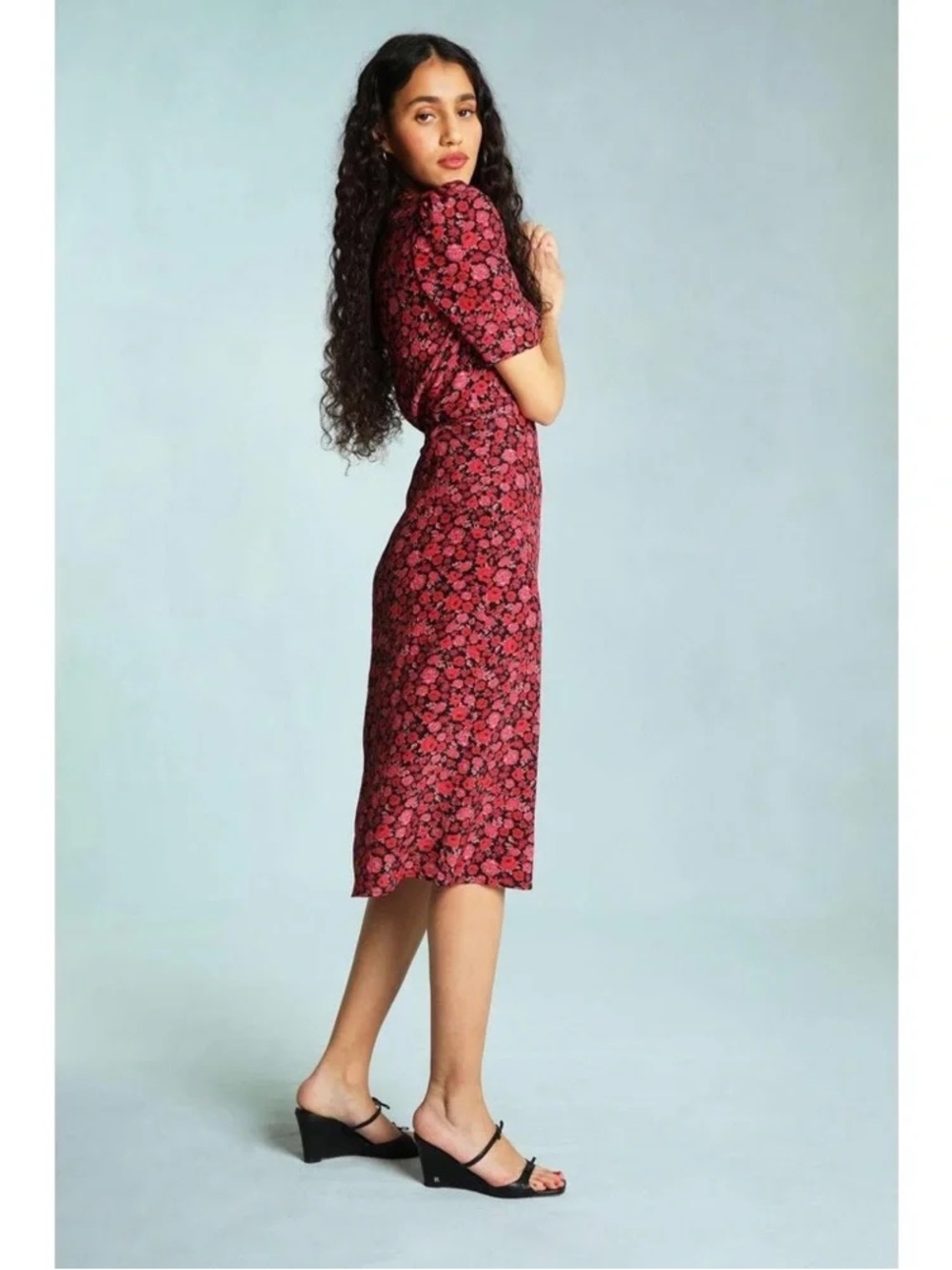 Rouje Gabin Dress Rosier Rouge Midi Wrap Green Size FR 38 US 6 Small Pink Floral - Picture 14 of 17